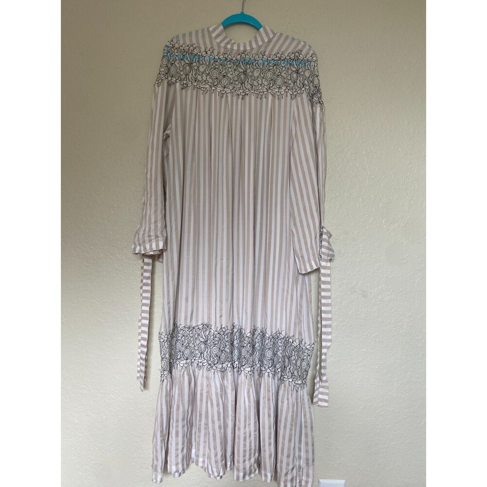 Beulah Style Maxi Dress White Ivory Lace Stripes Long Sleaves Oversized Caftan L